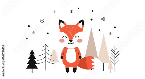 A cute and simple cartoon fox stands happily in a minimalist winter landscape with stylized trees and falling snow dots.
