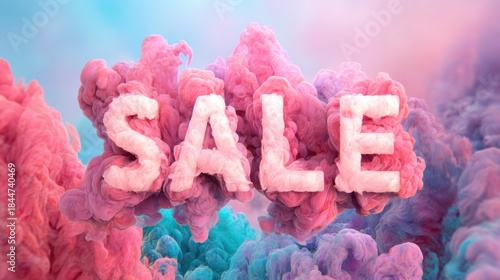 Colorful smoke clouds create text displaying sale in the center of the scene