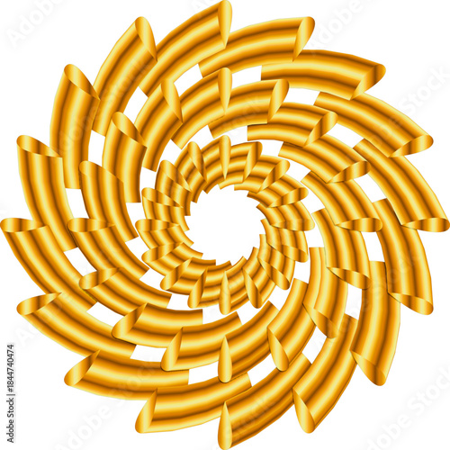 A dynamic abstract spiral made of glossy golden curved ribbons and teardrop accents forms a radiant circular vortex