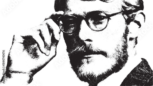 Man with glasses and a beard, showcasing a confident expression. Black and white portrait vector illustration in a professional style.