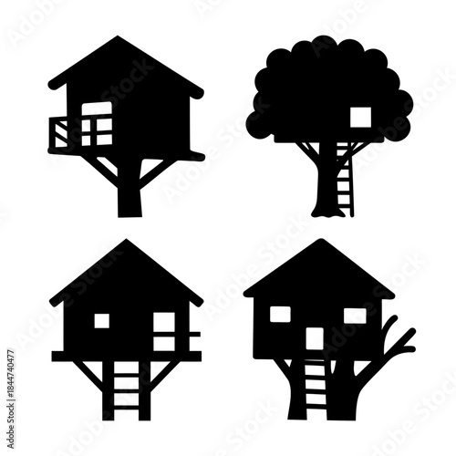 A captivating collection of diverse black silhouette treehouse icons representing childhood dreams