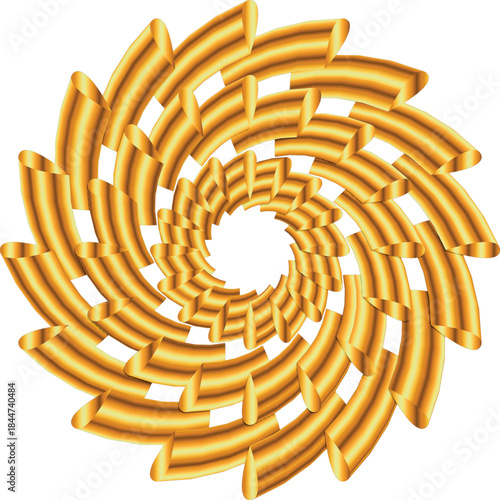 A dynamic abstract spiral made of glossy golden curved ribbons and teardrop accents forms a radiant circular vortex