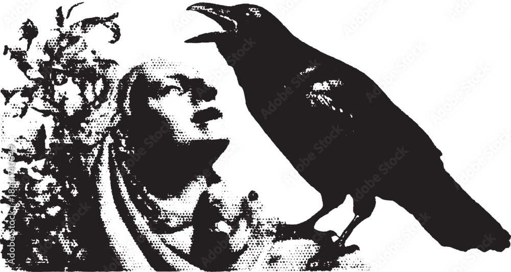 Obraz premium Crow and figure silhouette in vintage style. Detailed monochrome vector illustration with mysterious themes.