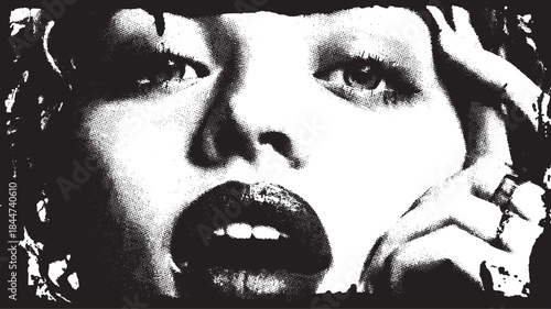 Black and white portrait of a woman with strong expression. A high-contrast vector illustration featuring detailed textures and modern artistic style.
