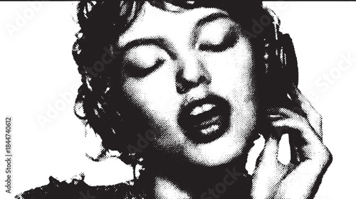 Girl with headphones singing in black and white vector illustration. A modern and simple portrait art showcasing a trendy style.