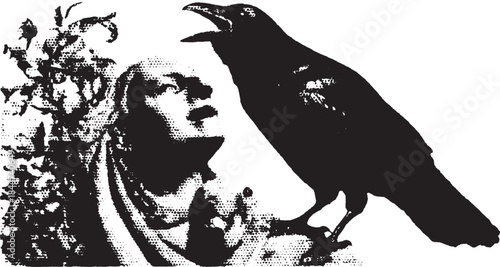Crow and figure silhouette in vintage style. Detailed monochrome vector illustration with mysterious themes.