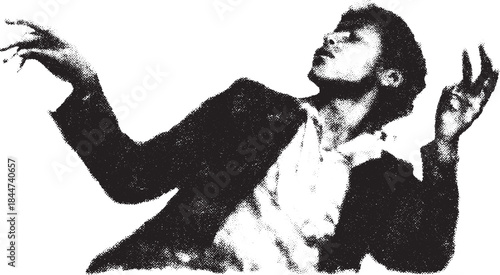 Dynamic figure in abstract pose, expressive silhouette in black and white. Vector illustration depicting movement and energy in a creative set.