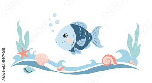 A cute blue cartoon fish with pink cheeks swims happily above stylized ocean waves with seashells and seaweed decoration.