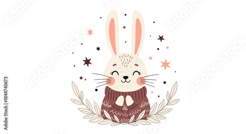 An adorable cartoon bunny wearing a cozy patterned sweater is surrounded by delicate leaves and stars in a sweet illustration.