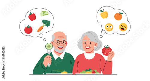 A happy elderly couple enjoys a healthy meal of fresh vegetables while thinking about nutritious food choices and positive emotions.
