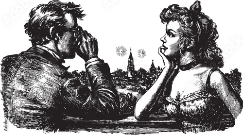 Black and white ink drawing of a couple watching fireworks. Scenic illustration with vintage elements, showcasing a picturesque celebration in the evening.