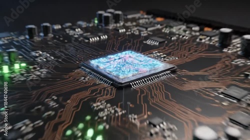 Computer Processor on Circuit Board - This detailed shot showcases a central processing unit mounted on a circuit board, illuminated with glowing blue and green lights.