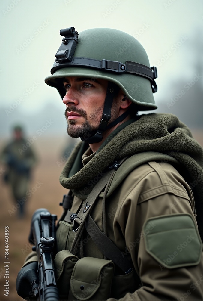 Naklejka premium AI generated Military operative in tactical gear surveys environment with alertness