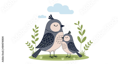 A loving mother bird and her baby chick nuzzle closely together in a patch of green grass under a soft blue cloud.