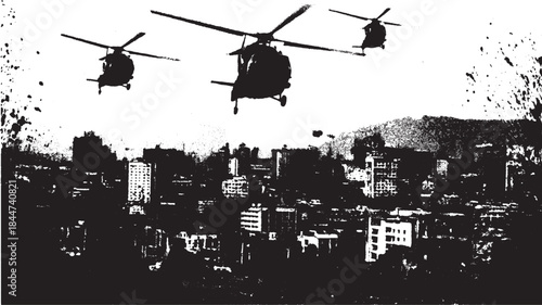 Three helicopters in flight over an urban cityscape. Black and white vector illustration with dramatic imagery and modern design.