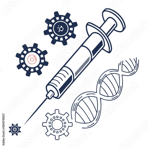 Genetic engineering and biotechnology concept featuring a syringe and dna structure