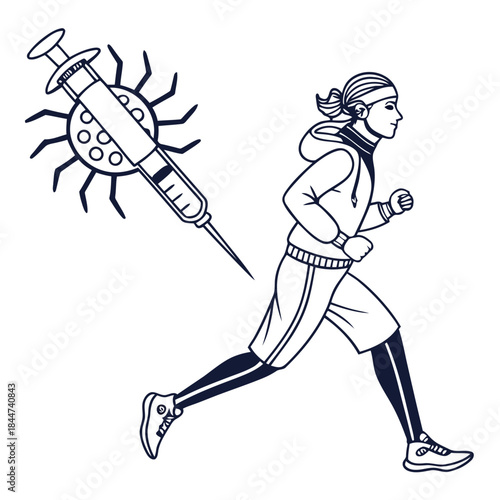 Illustrating health and exercise as a way to avoid illness and viruses represented by a syringe