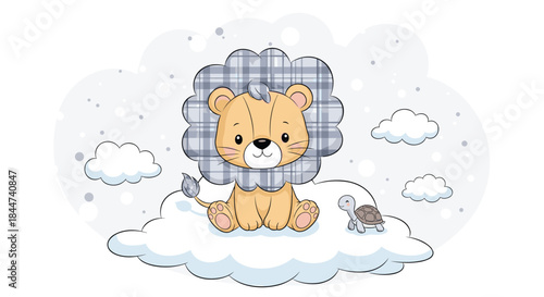 A sweet baby lion with a gray plaid mane sits on a fluffy cloud in a snowy sky with a tiny turtle friend.