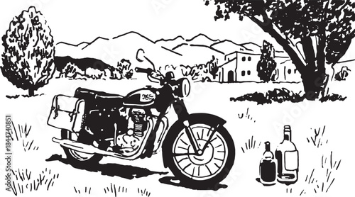 Motorcycle parked outdoors against a scenic backdrop. Black and white vector illustration featuring trees and mountains in a natural landscape.