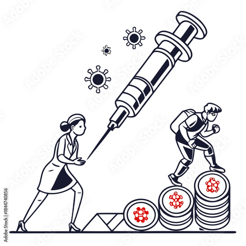 Healthcare worker provides vaccine support as a superhero runs to overcome the virus challenge