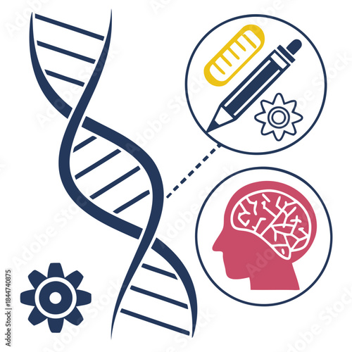 Genetic research and intellectual development illustrated by dna and brain icons