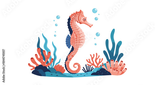 An elegant and stylized pink seahorse swims gracefully among colorful corals and seaweed in a beautiful underwater ocean scene.