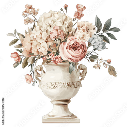 Watercolor floral bouquet in vintage urn, vector illustration
