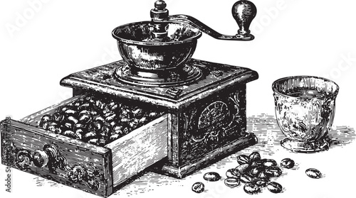 Coffee grinder mill. Vintage kitchen equipment vector illustration featuring detailed metal and wood design with an open drawer and coffee beans.