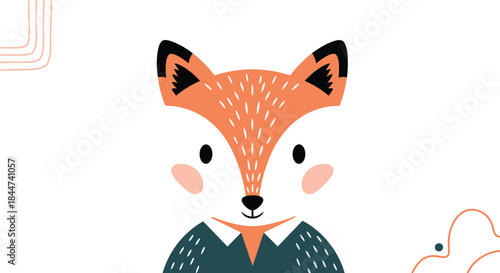 A modern and stylish portrait of a cute cartoon fox wearing a collared sweater against a white background with abstract lines.