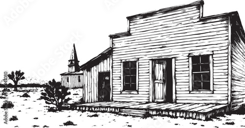 Western building sketch illustrated as a set featuring a wooden house and church in black and white. Simple vector illustration.