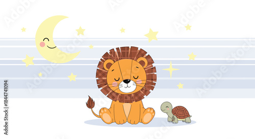 A charming vector illustration shows a cute baby lion and a tiny turtle sitting peacefully under a smiling crescent moon.
