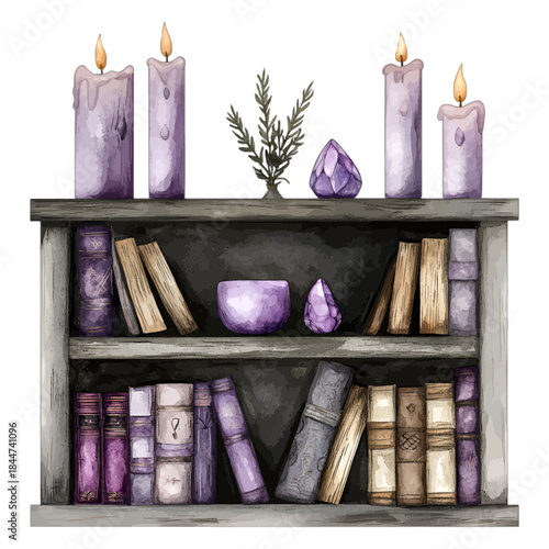 Watercolor bookshelf with mystical purple books, candles, and crystals, vector
