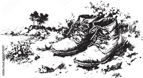 Boots depicted in a detailed black and white sketch. This vector illustration showcases hiking footwear in a natural outdoor set.