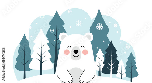 A cute and happy polar bear smiles in a snowy winter forest scene surrounded by trees and falling snowflakes illustration.