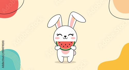 An adorable and happy white bunny rabbit smiles with joy while eating a large and juicy slice of red watermelon in summer.