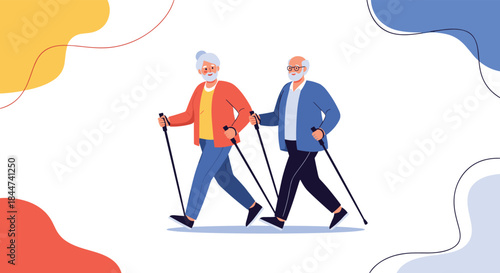 A happy and active senior couple enjoys retirement by exercising together with Nordic walking poles in a modern illustration.