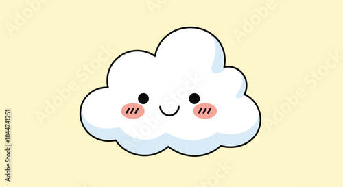 An extremely cute and happy kawaii cloud character with rosy blushing cheeks floats on a pleasant solid yellow background.