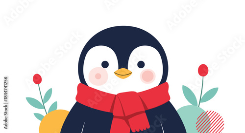 A charming and cute cartoon penguin wearing a cozy red scarf looks directly at the viewer in this sweet winter illustration.