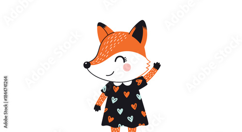 A very cute and friendly cartoon fox girl wearing a black dress with hearts on it is smiling and waving her hand hello.