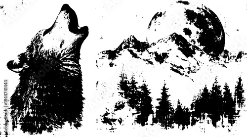 Howling wolf silhouette under a full moon. Black and white vector illustration featuring mountains and forests in a dramatic set.