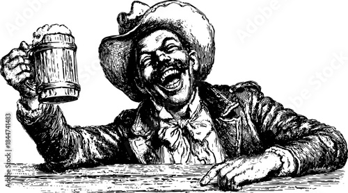 A vintage engraving showing a laughing man in a hat, raising a beer mug. This hand-drawn vector illustration captures a cheerful celebration.