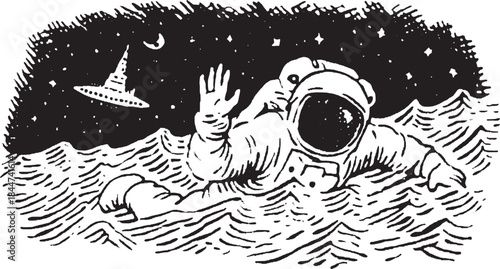 Astronaut floating in surreal ocean waves. Black and white vintage illustration set in space with stars and a UFO. Vector graphic art.