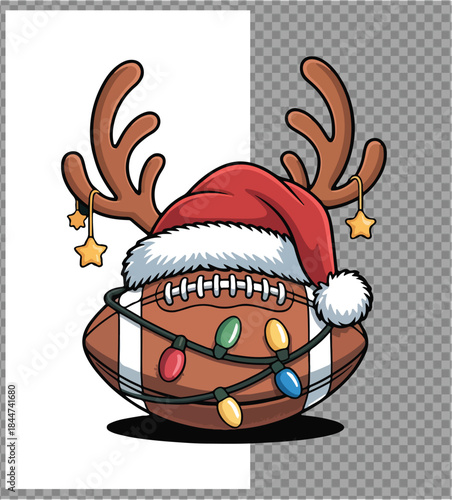 Illustration of funny christmas football design with santa hat reindeer antlers and string lights