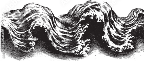 Wave illustration depicting ocean water in a black and white artistic style. This vector art showcases movement and texture in a conceptual set.