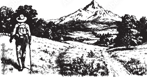 Hiker on a path through a scenic mountain landscape. Black and white vector illustration of rugged terrain and distant peaks set in an outdoor setting.