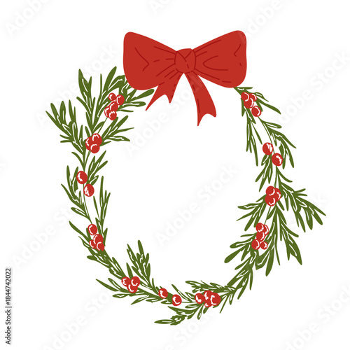 Festive Christmas wreath with winter floral elements and red bow. Green branches with red berries oval frame. Vector hand drawn chaplet illustration for greeting card, invitations with copy space