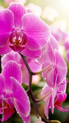 Close Up of Pink Orchid Flowers Blooming With Water Droplets