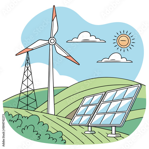Renewable energy sources with wind turbine and solar panels in a green landscape