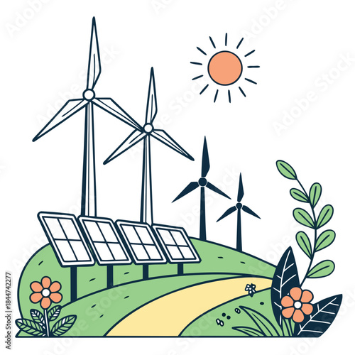 Renewable energy sources with solar panels and wind turbines on a green hill