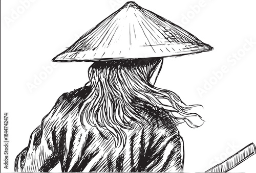 Silhouette of a woman in traditional outfit and hat. Black and white vector illustration featuring cultural elements in a graceful style.